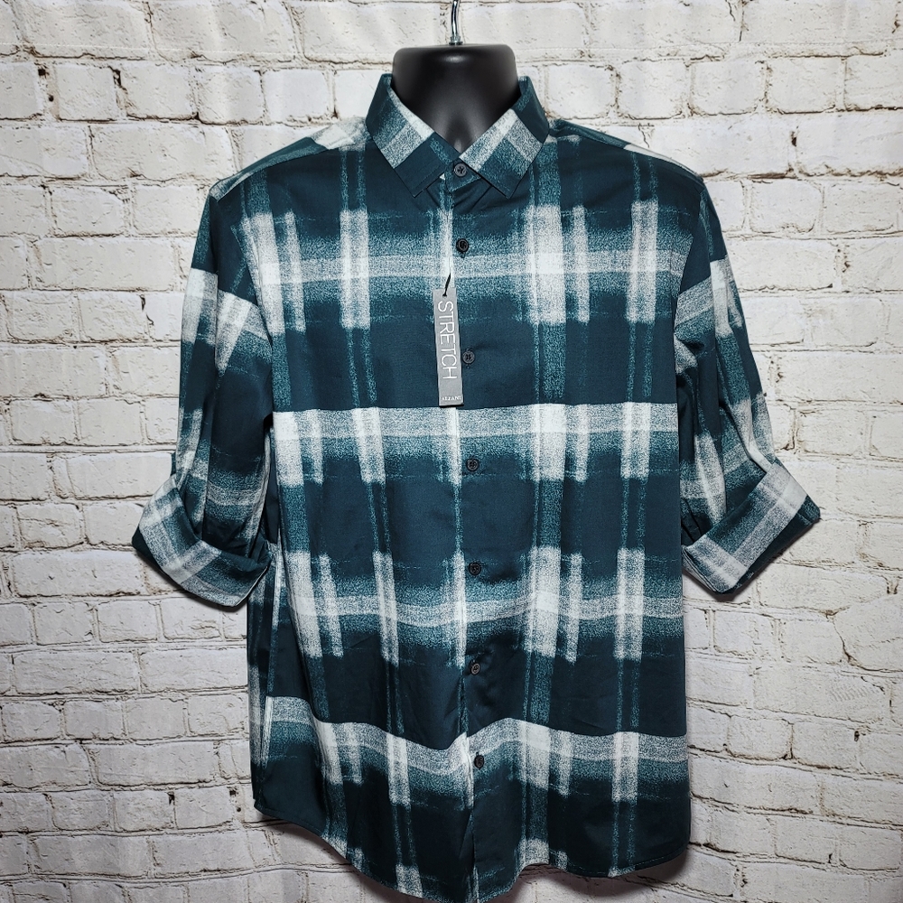 ALFANI Mens Shirt New Button Down Green Plaid Stretch Long Sleeve Size Medium